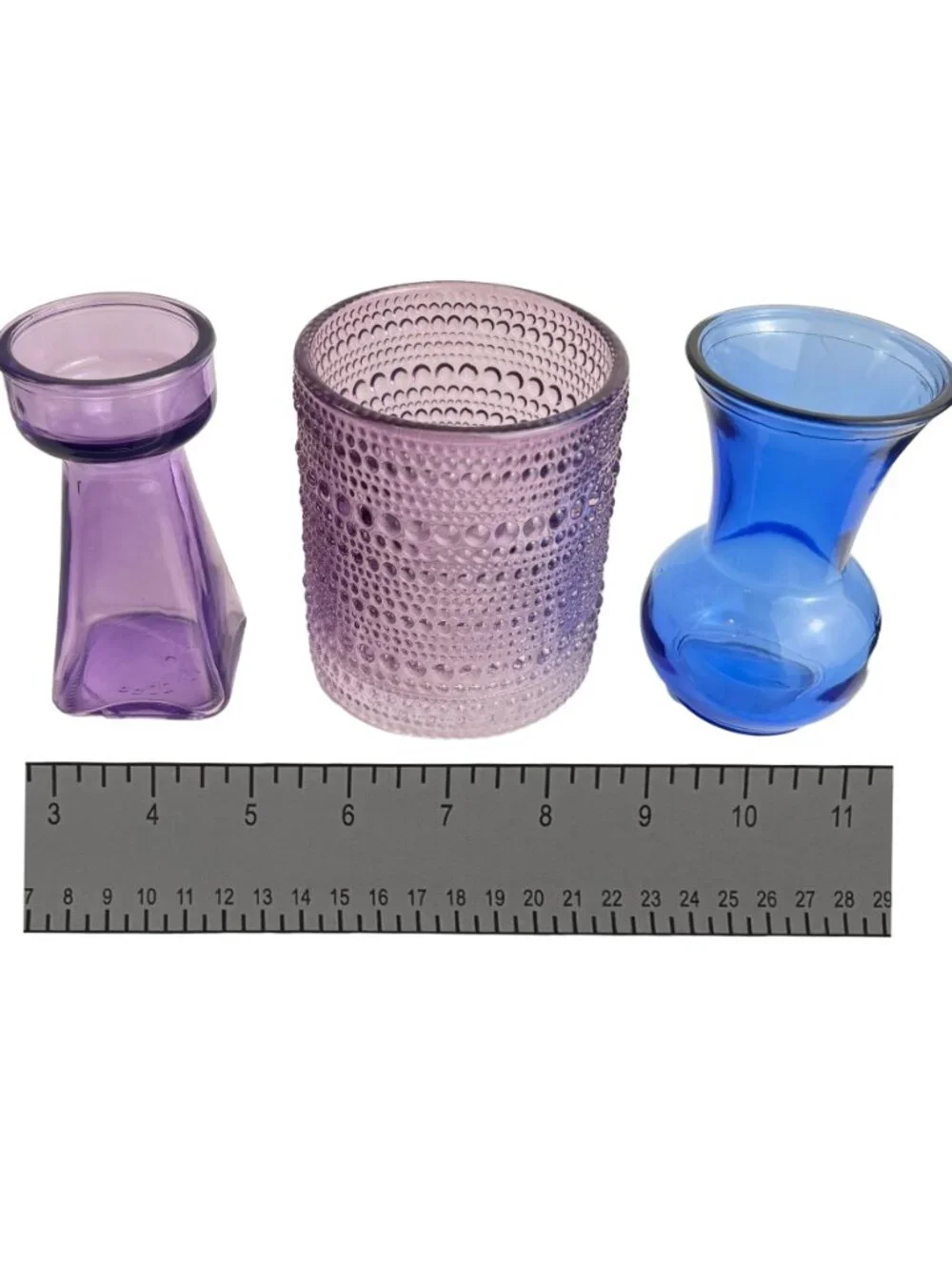 Set of 3 Small Blue and Purple Vases Candle Holders Glassware